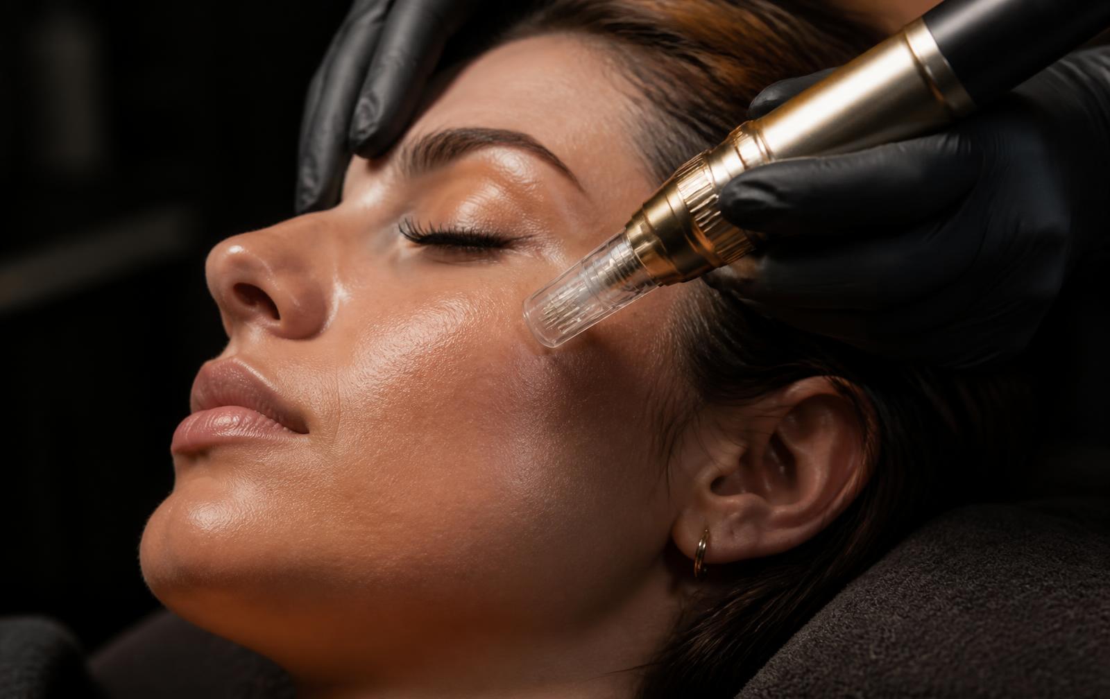 Microneedling treatment being performed on a patient's cheek at THEIA Aesthetics