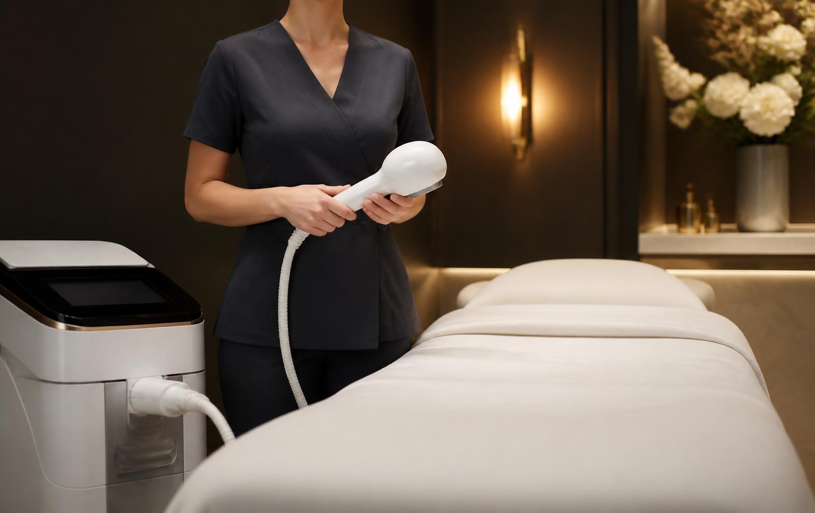 Body contouring device and treatment room at THEIA Aesthetics in San Antonio