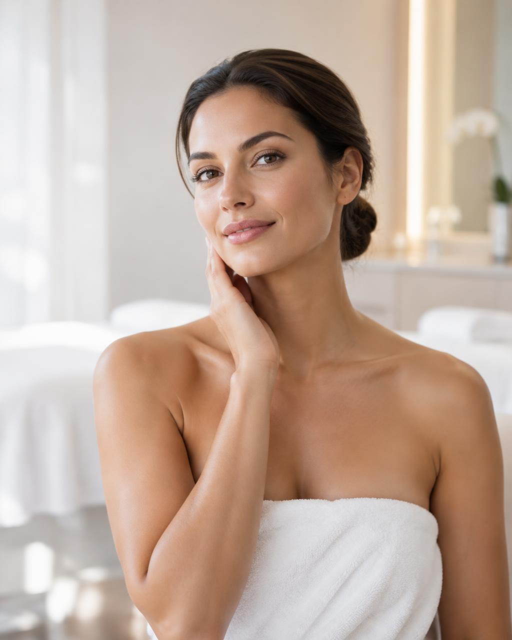Illustrative beauty portrait of a woman gently touching her face in an elegant spa setting